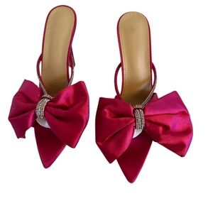 Pink Satin Bow Knot Peep Toe High Heelsl Stiletto Mules